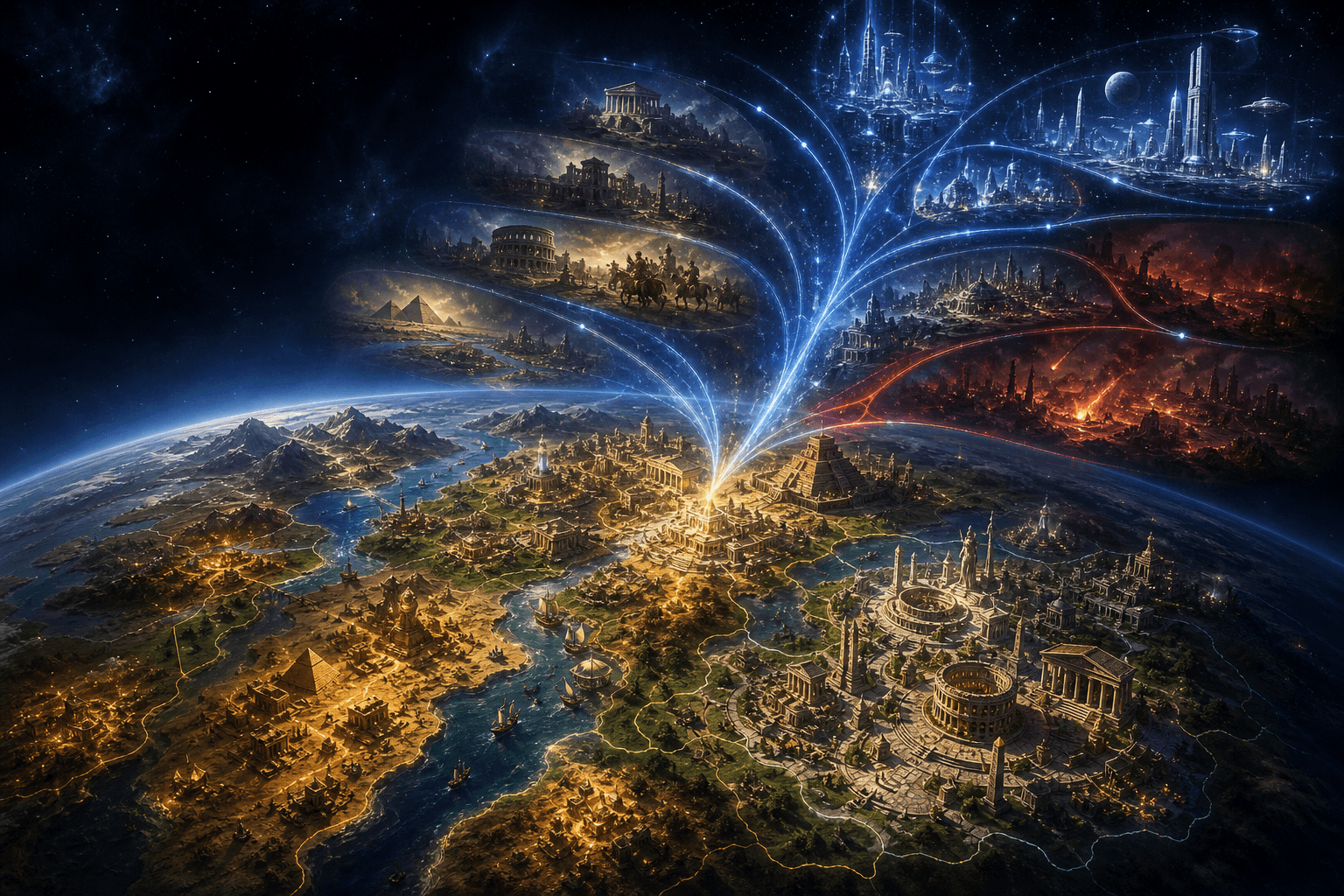 Before Destiny key art — a chronarch overlooking branching timelines and civilizations across history