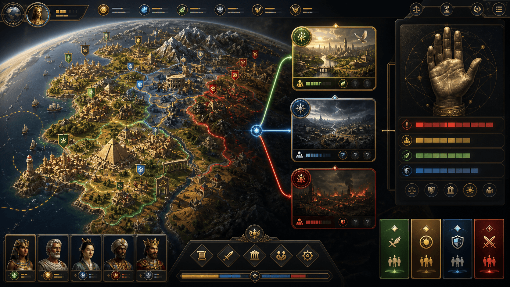 Before Destiny interface art — globe strategy map with branching timelines and advisor panels